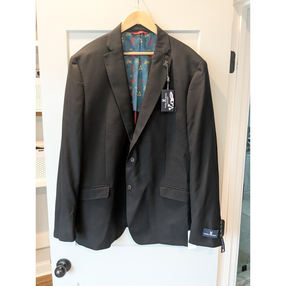 NWT Psycho Bunny Mens Black Textured Blazer Jacket Wool Made in Canada Size 52L